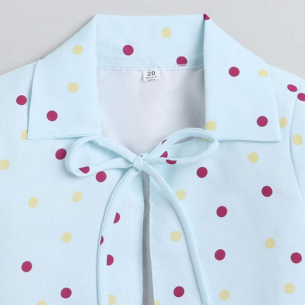 Bow Printed Dress For Girls With Polka Dot Printed 3/4th Sleeves Furr Shrug-Blue
