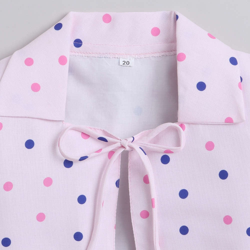 Three Fourth Sleeves Polka Dot Printed Collared Shrug With Seamless Heart & Love Printed Fit & Flare Dress - Pink