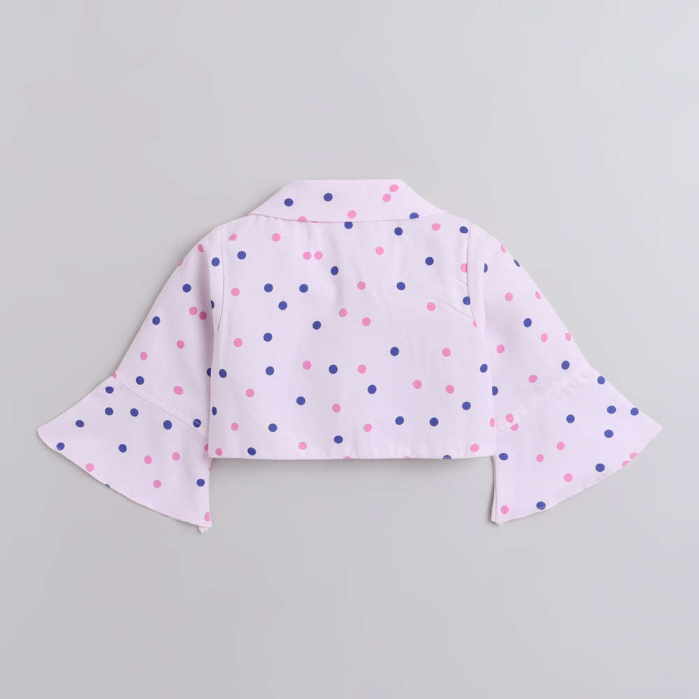 Three Fourth Sleeves Polka Dot Printed Collared Shrug With Seamless Heart & Love Printed Fit & Flare Dress - Pink