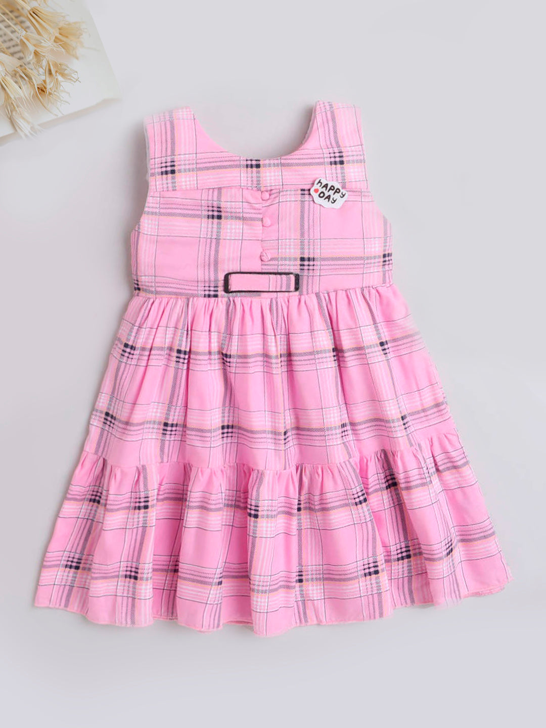 Check Printed Tiered Sleeveless Dress For Girls-Pink