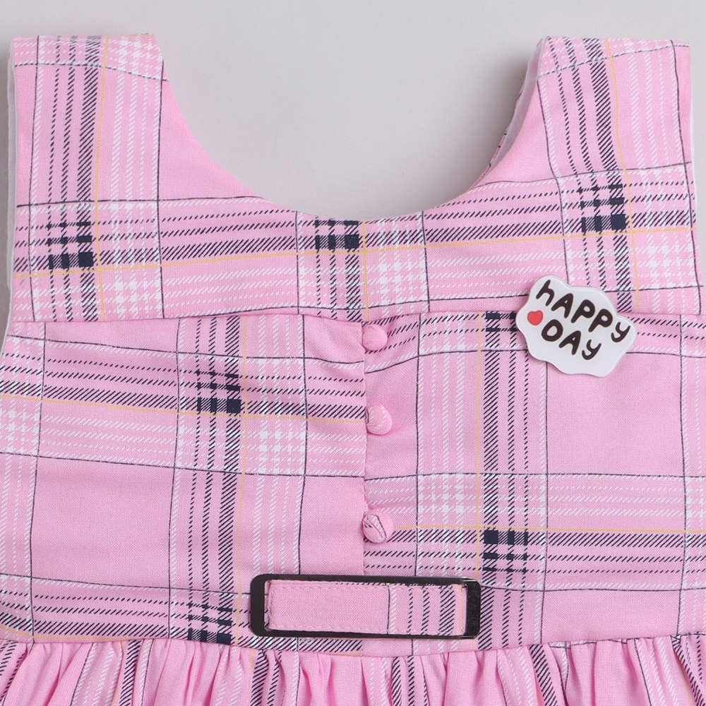 Check Printed Tiered Sleeveless Dress For Girls-Pink