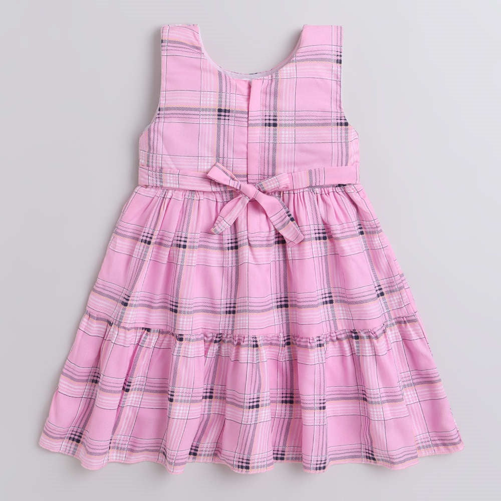 Check Printed Tiered Sleeveless Dress For Girls-Pink