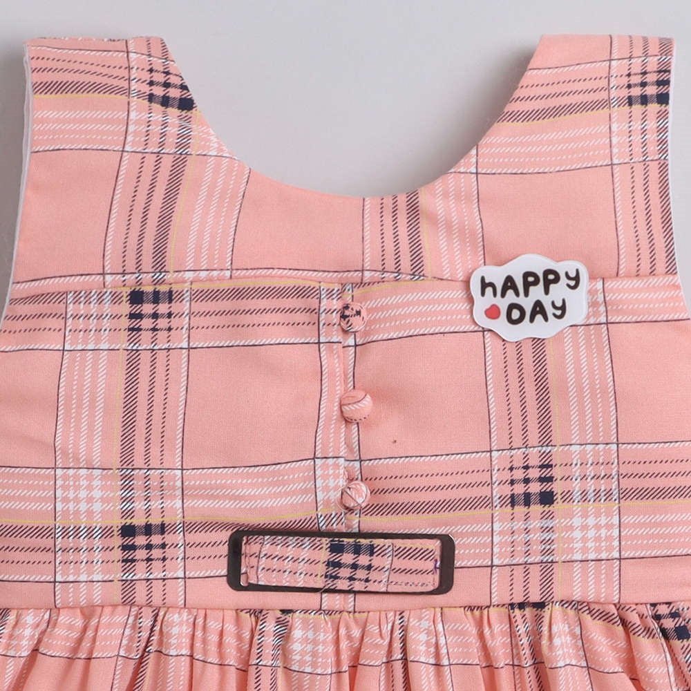 Check Printed Tiered Sleeveless Dress For Girls-Peach