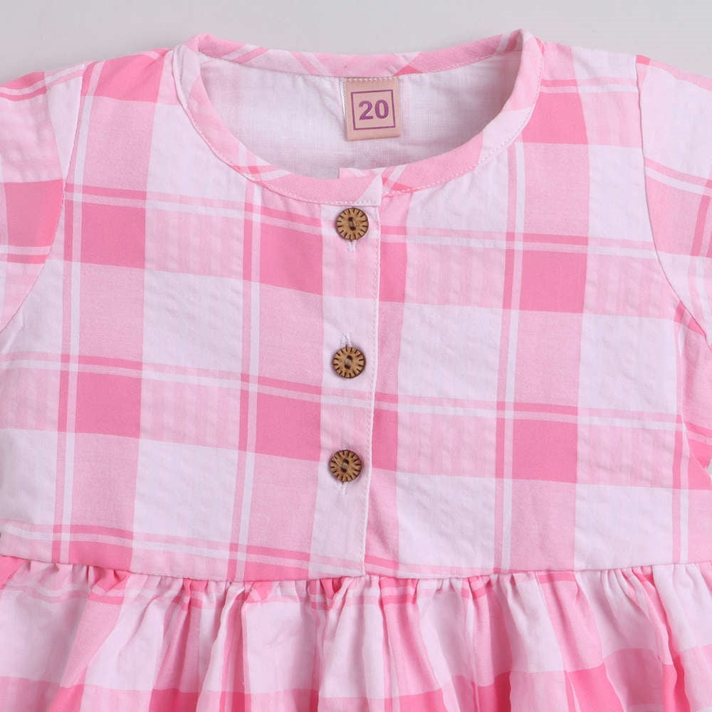Checks Printed Cap Sleeves Dress For Girls With Button Applique-Pink