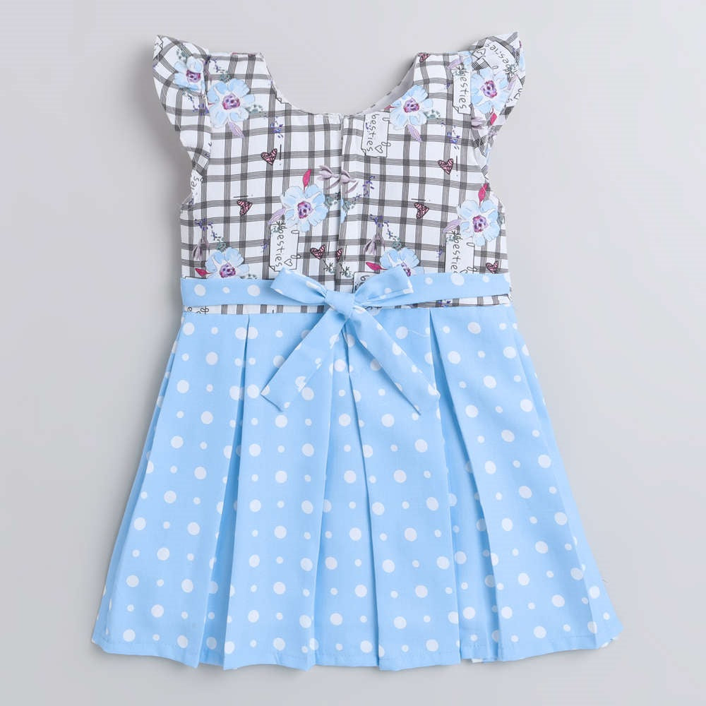 Polka Dots & Checks Printed Cap Sleeves Dress For Girls-Blue
