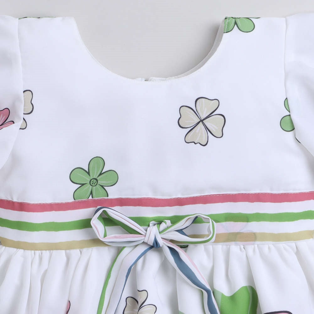 Floral Pritned Flared Sleeves Dress For Girls With Lace Bow-Off-White