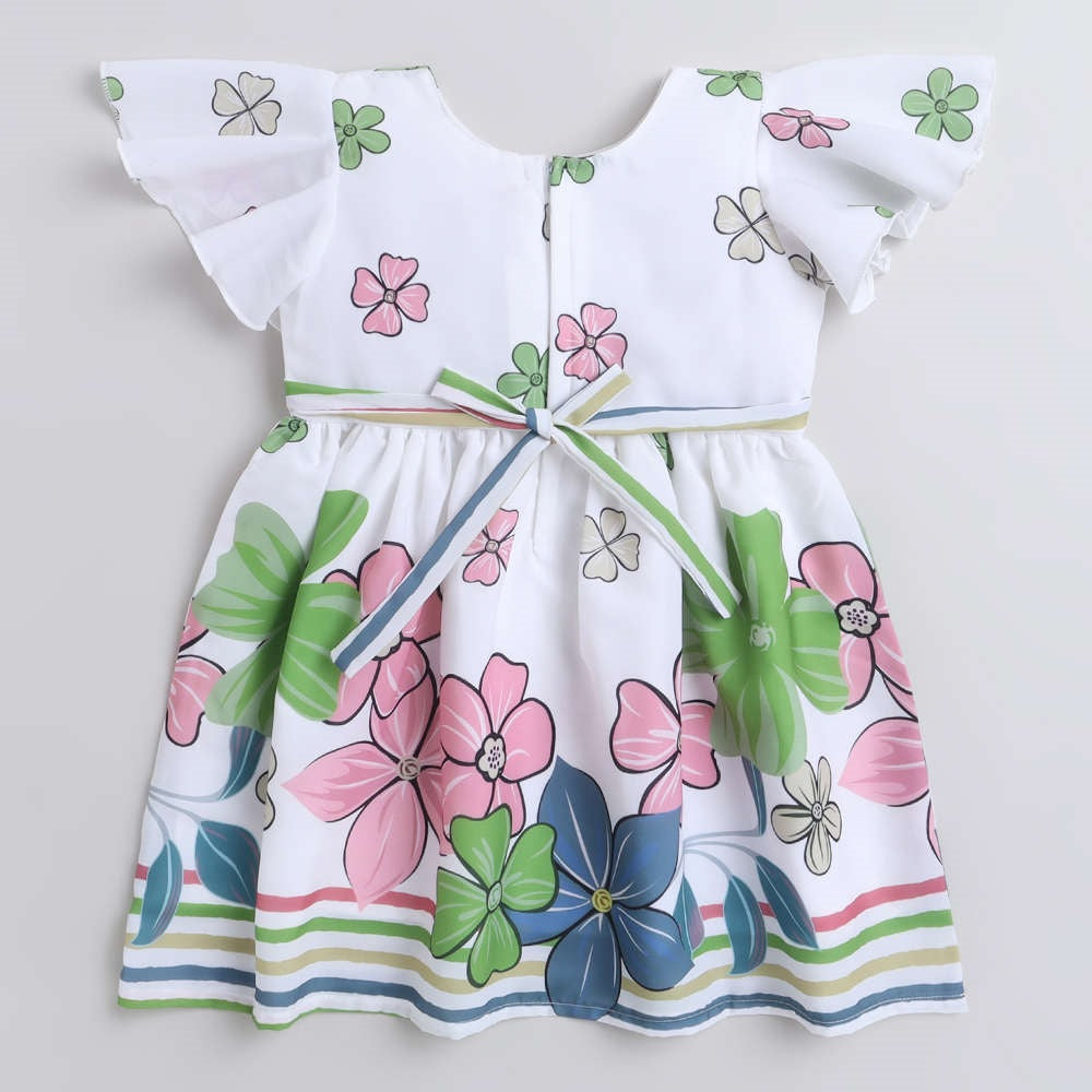 Floral Pritned Flared Sleeves Dress For Girls With Lace Bow-Off-White