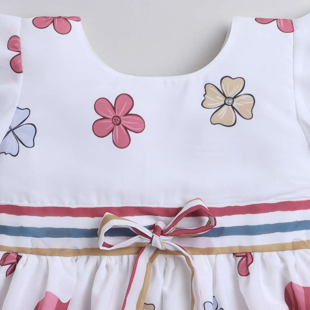Floral Printed Flared Sleeves Dress With Lace Bow For Girls-Off-White