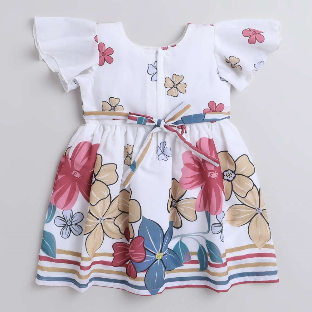 Floral Printed Flared Sleeves Dress With Lace Bow For Girls-Off-White