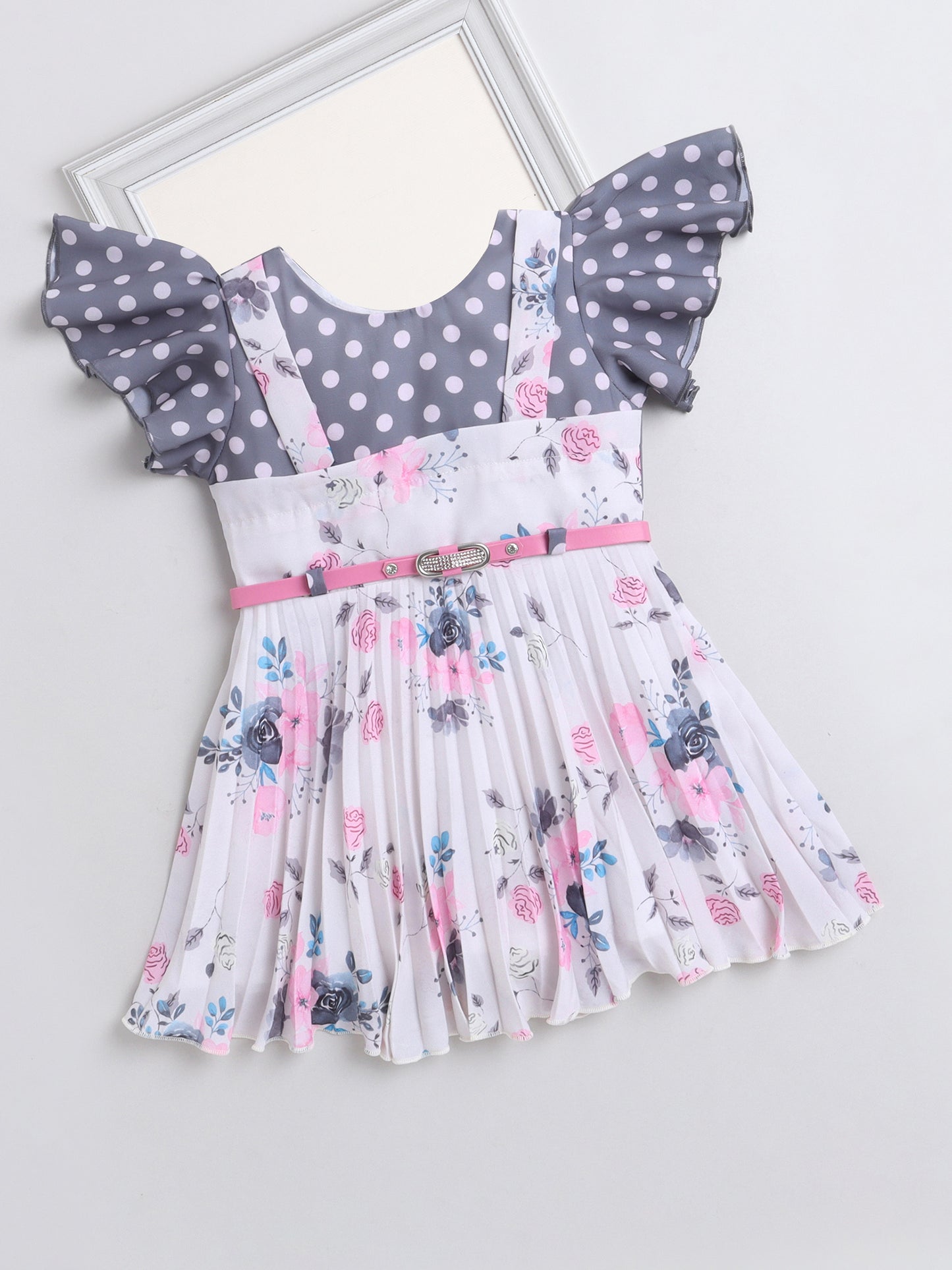Floral & Polka Dots Printed Flared Sleeves Dress For Girls -Pink