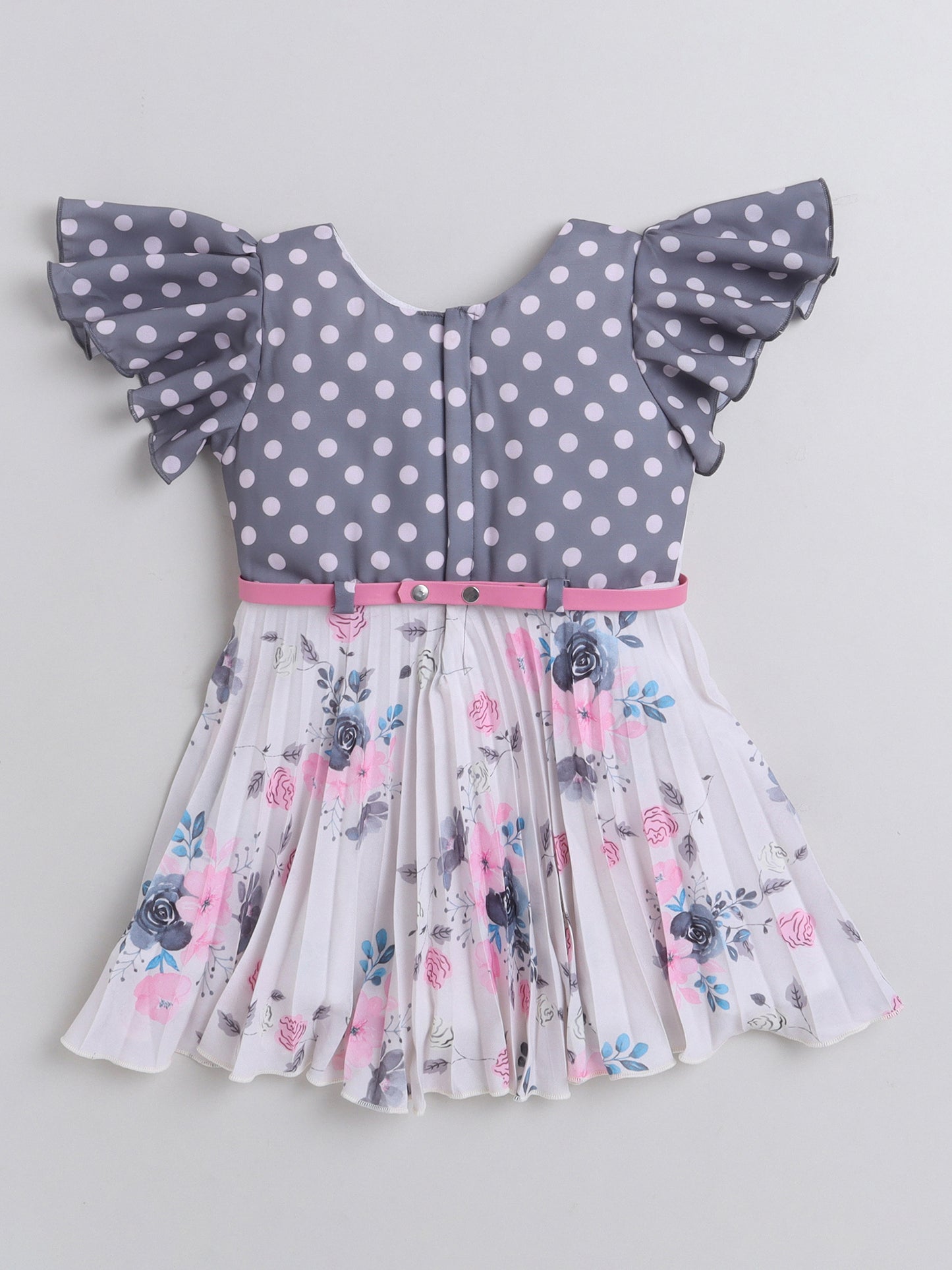 Floral & Polka Dots Printed Flared Sleeves Dress For Girls -Pink
