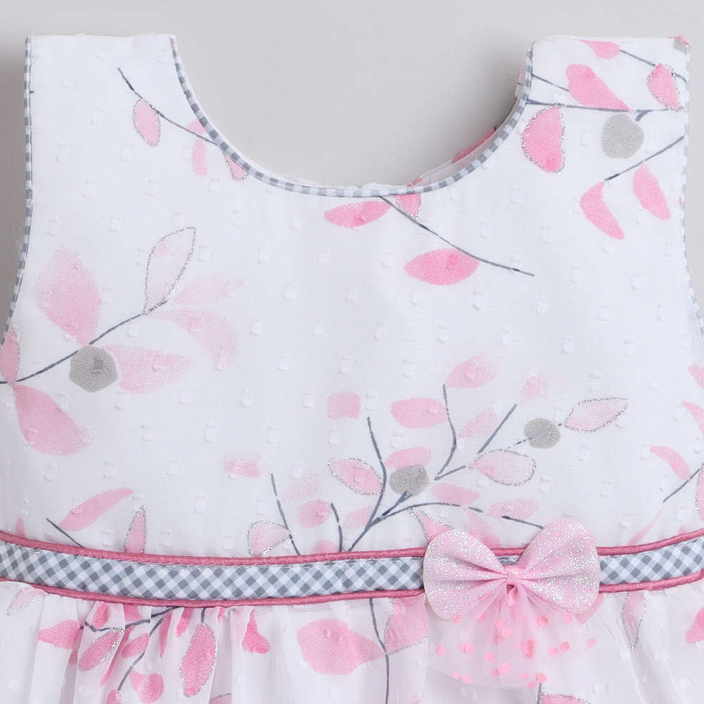 Floral Printed Sleeveless Dress For Girls With Contrast Bow-Pink