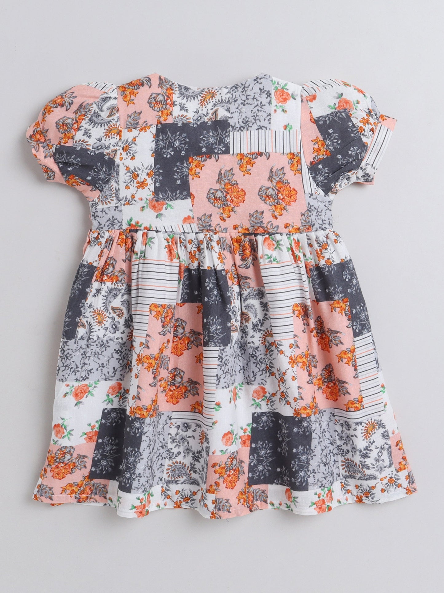 Short Sleeves Abstract Floral Block Motif Printed Dress - Grey