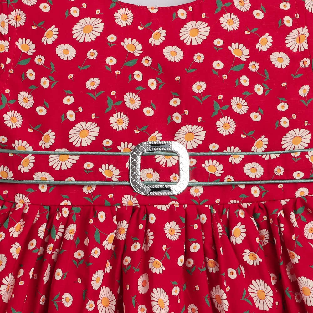 Short Sleeves Floral Printed Casual Dress With Belt - Red