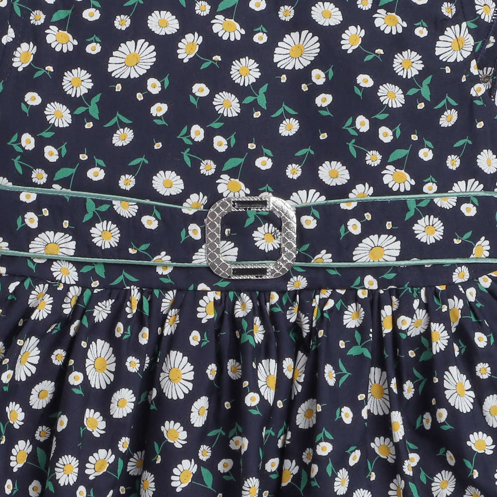 Short Sleeves Floral Printed Casual Dress With Belt - Black
