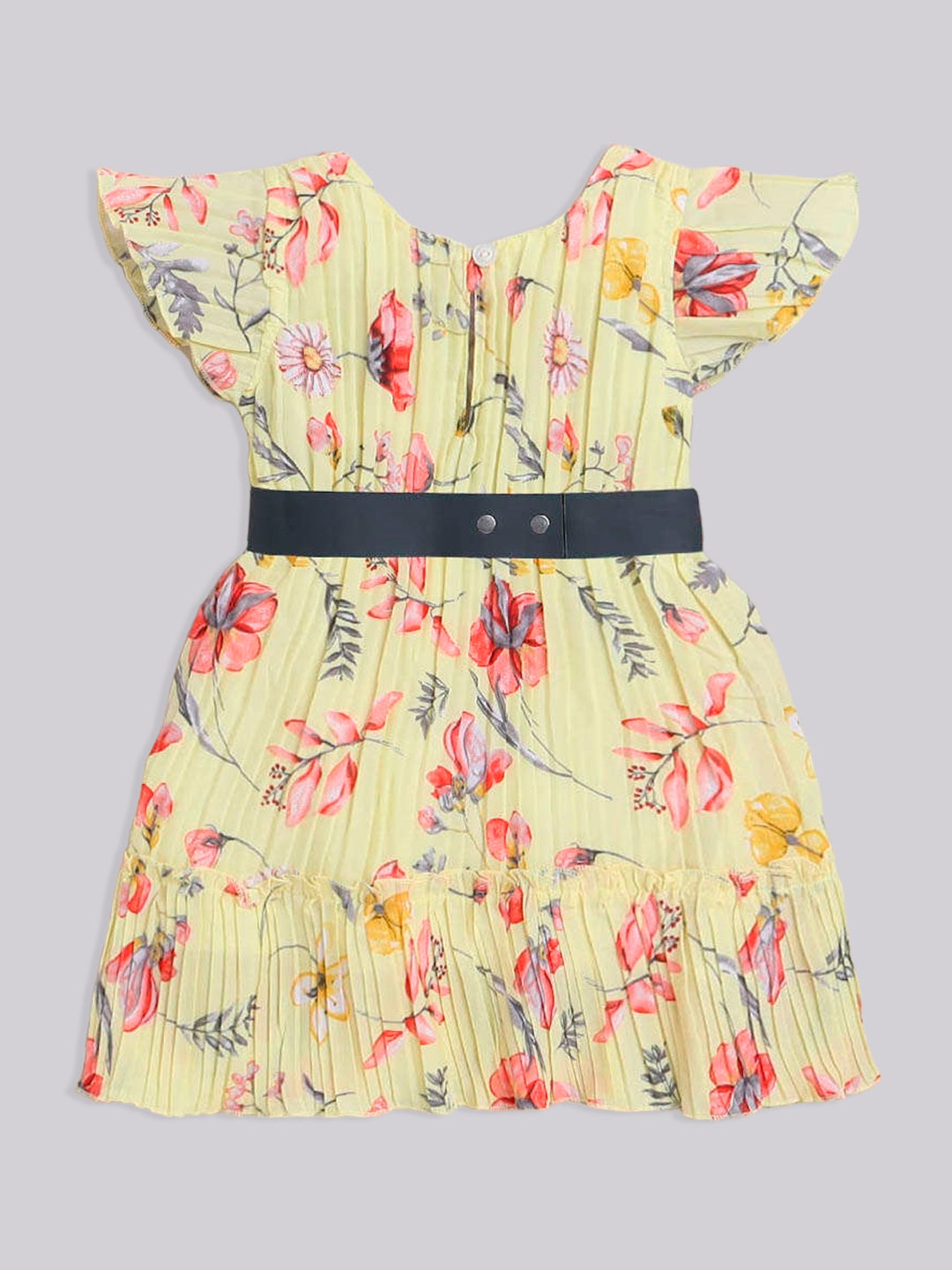 Short Sleeves Floral Printed Casual Dress With Belt- Yellow