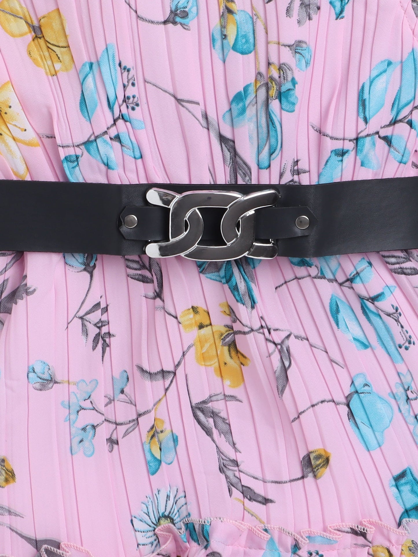 Cap Sleeves Floral Printed Pleated Dress With Belt - Pink