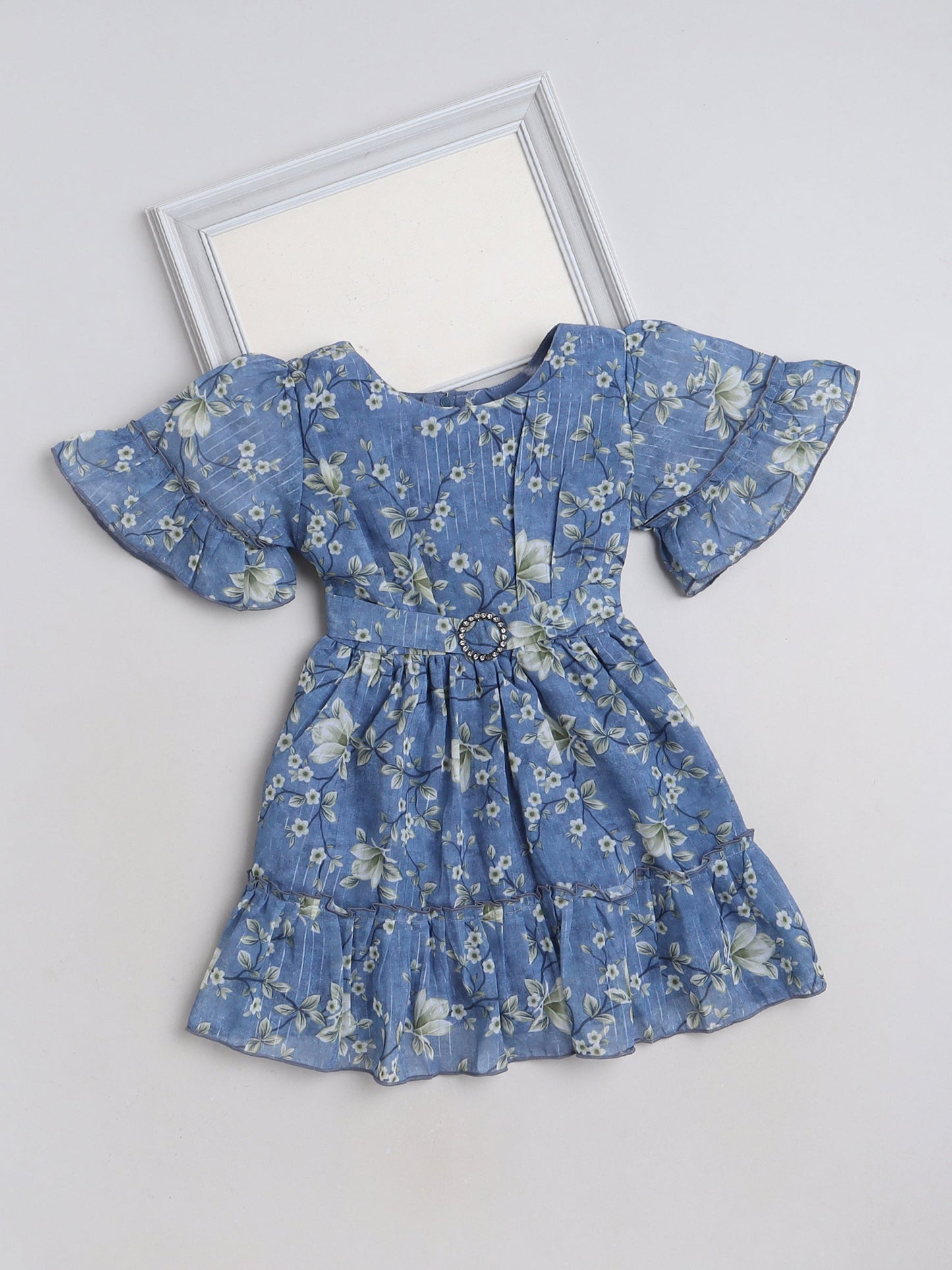 The Magic Wand Elbow Sleeves Floral Printed Casual Dress Blue