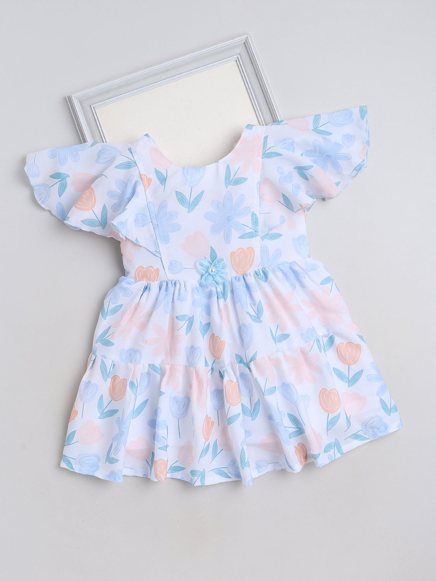 Flared Sleeves Floral Printed Casual Dress - Sky Blue