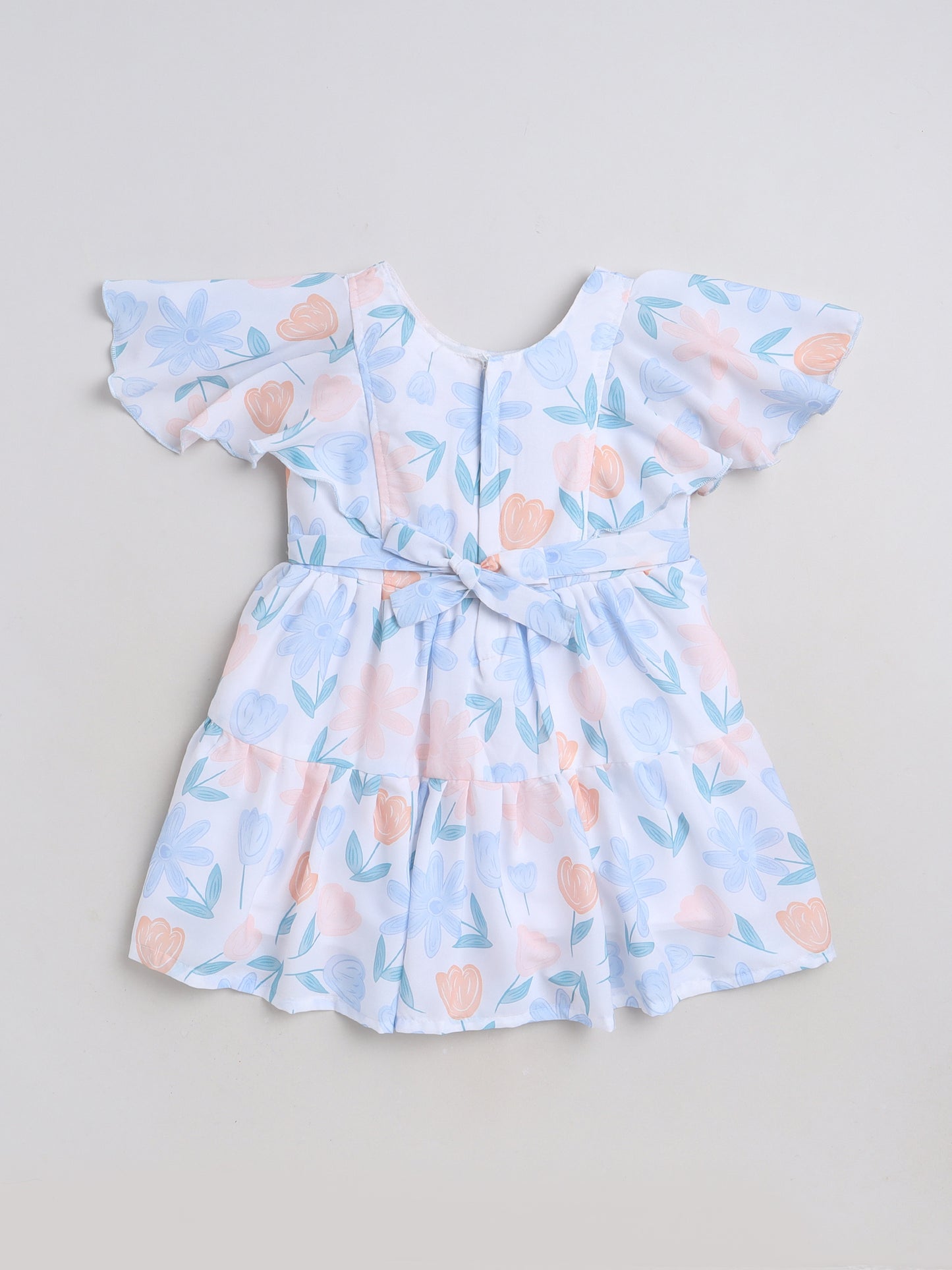 Flared Sleeves Floral Printed Casual Dress - Sky Blue
