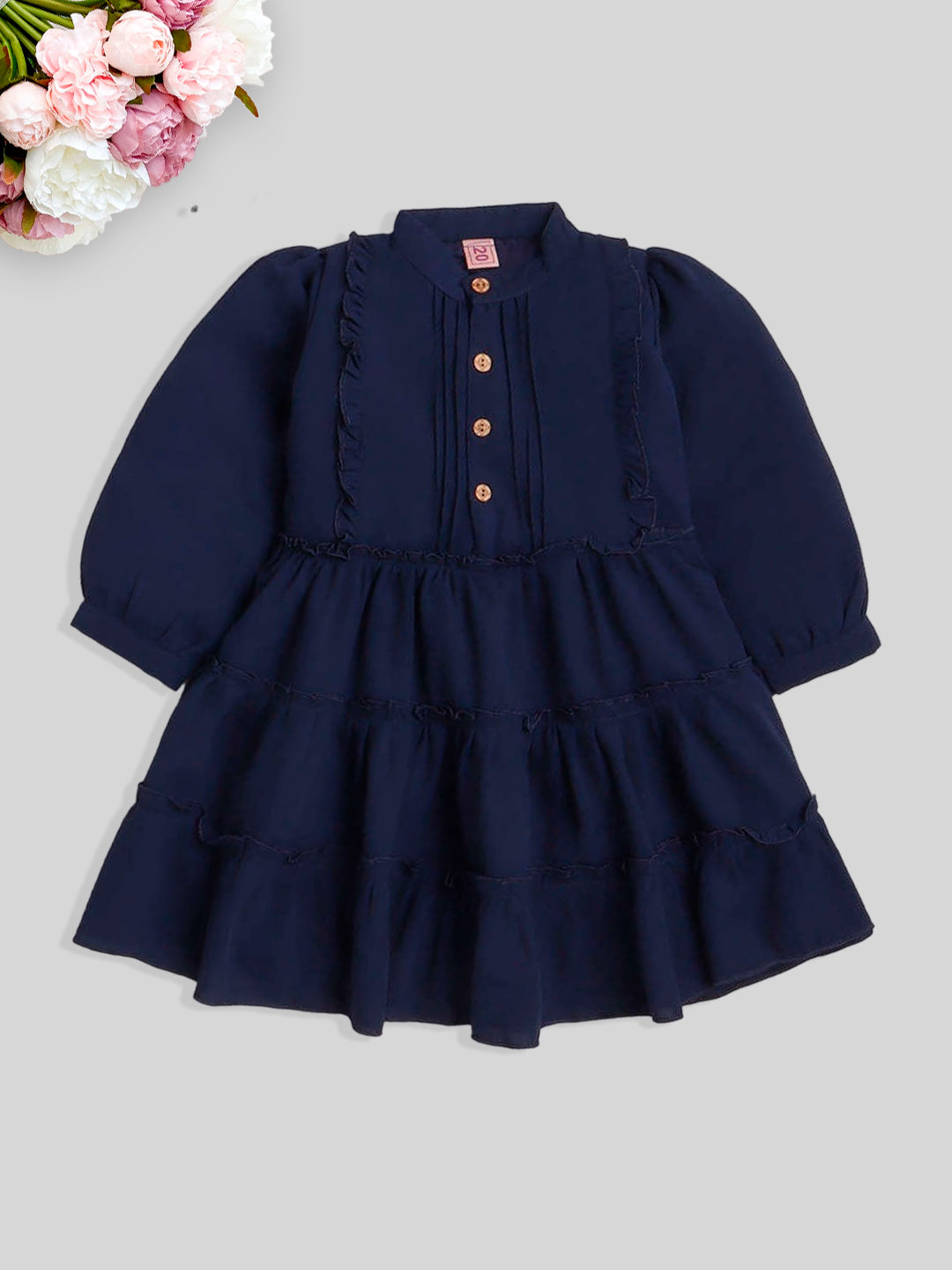 Full Sleeves Solid Printed Casual Dress- Navy Blue