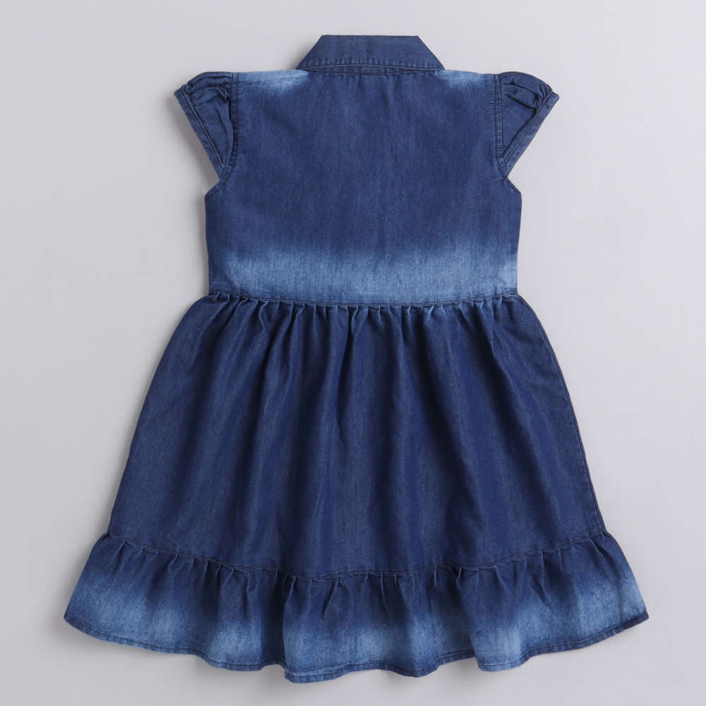Cap Sleeves Collar Denim Dress With Belt For Girls-Blue