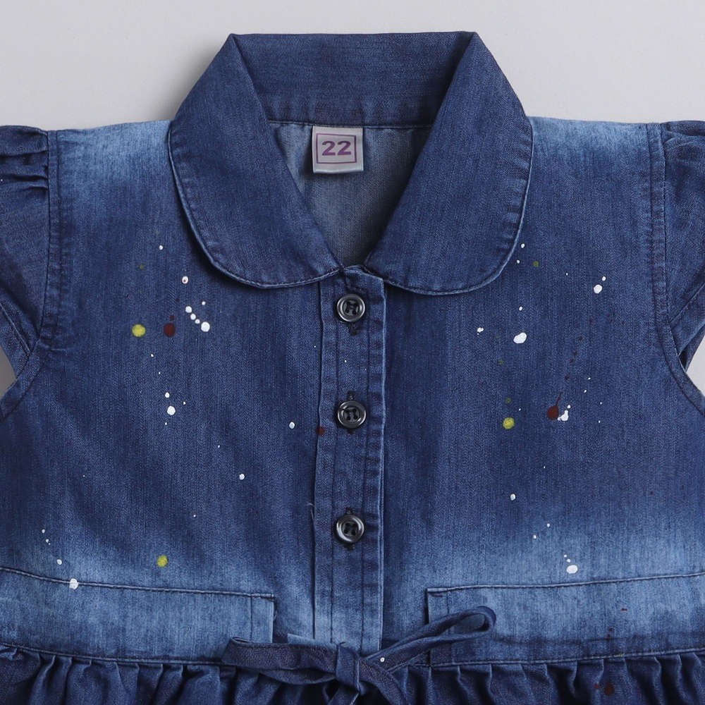 Cap Sleeves Collar Denim Dress With Belt For Girls-Blue