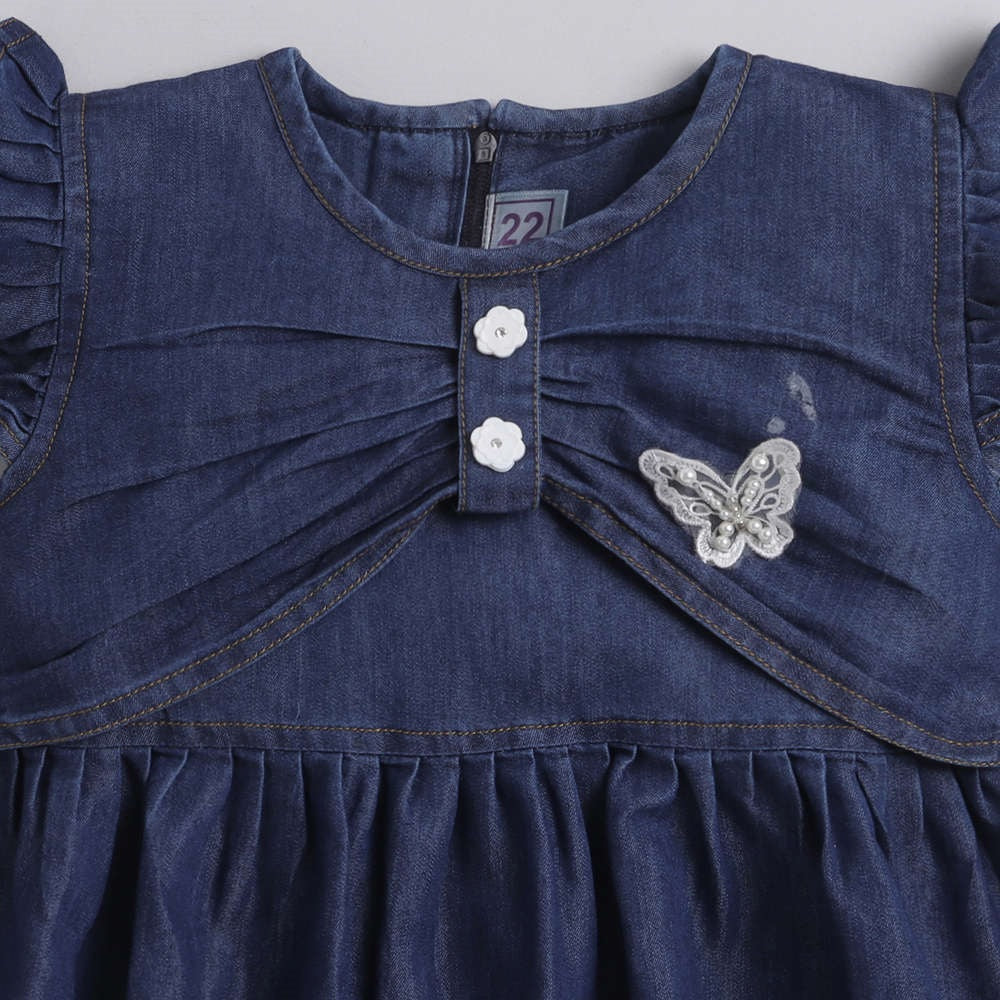 Ruffle Sleeves Denim Dress For Girls-Navy