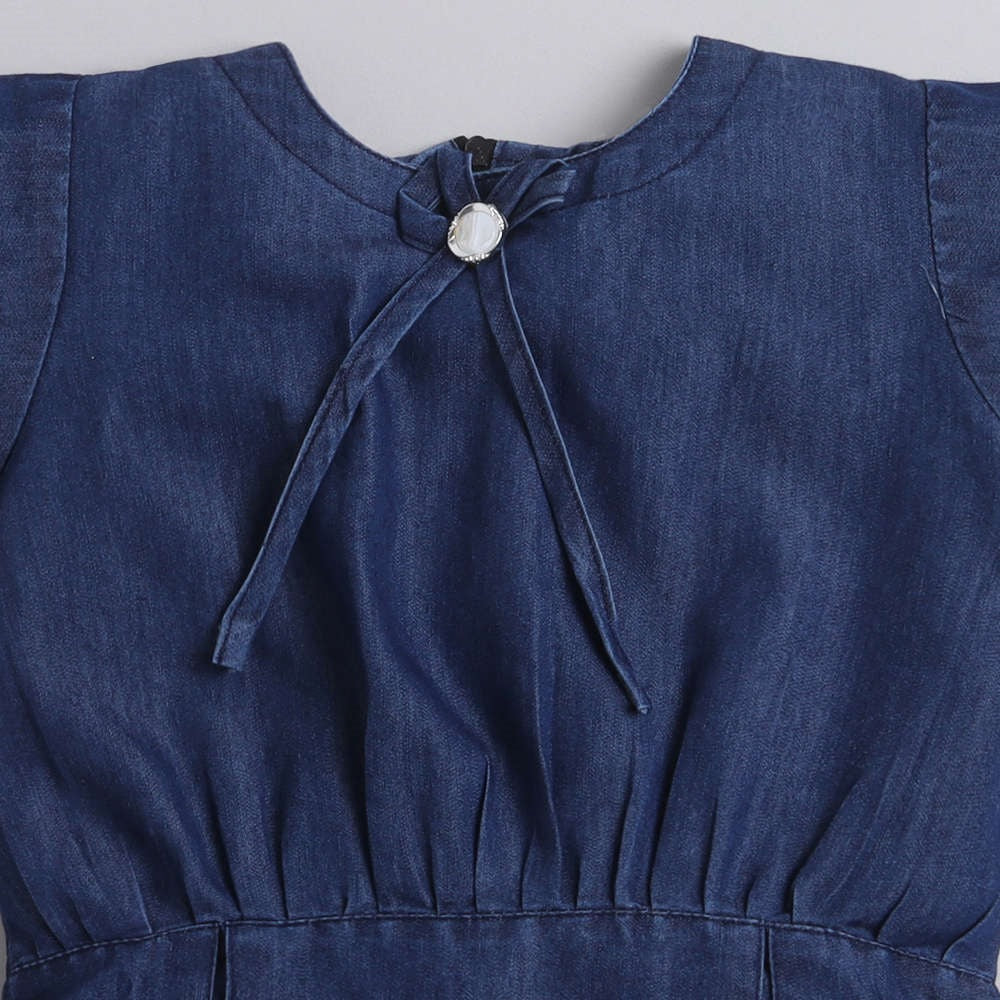 Cap Sleeves Tie & Dye Denim Dress For Girls-Blue