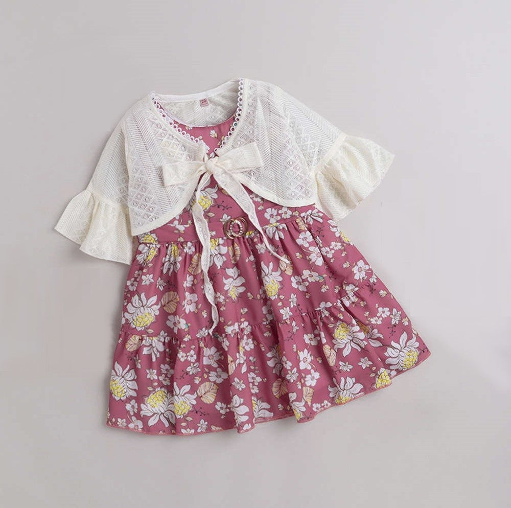 Floral Printed Dress With Full Sleeves Shrug For Girls