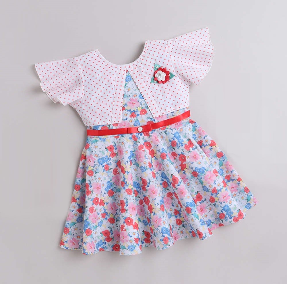 Floral Printed Dress With Full Sleeves Shrug and Belt For Girls
