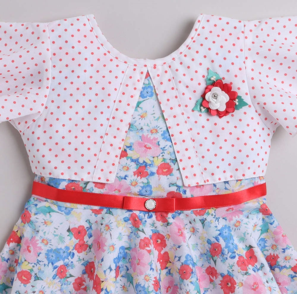 Floral Printed Dress With Full Sleeves Shrug and Belt For Girls
