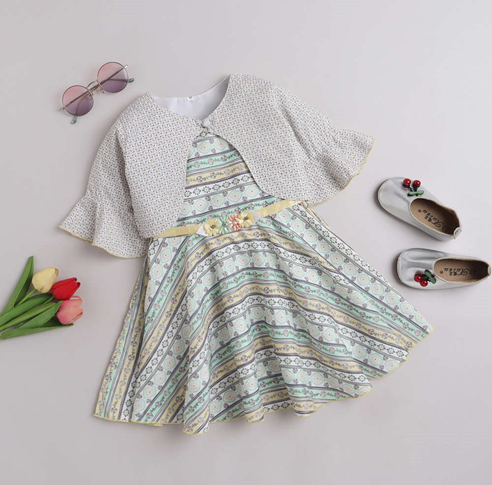 All Over Printed Fit & Flare Dress with Jacket - Grey The Magic Wand All Over Printed Fit & Flare Dress with Jacket - Grey The Magic Wand