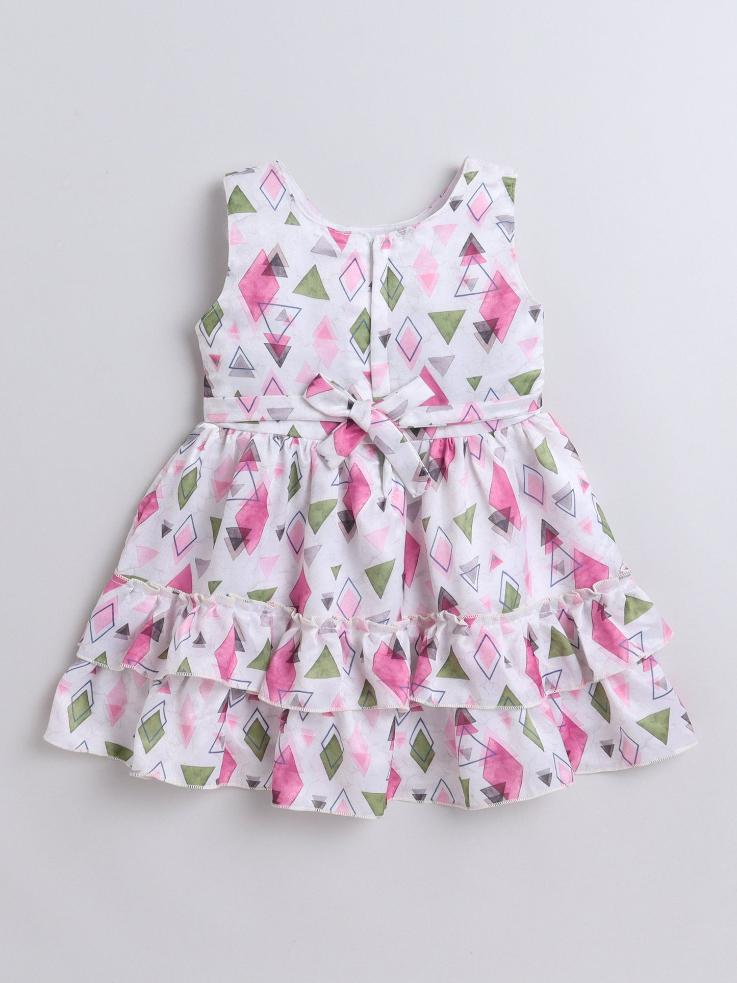Geometric Printed Tiered Dress With Full Sleeves Flower Applique Detailed Shrug - Pink