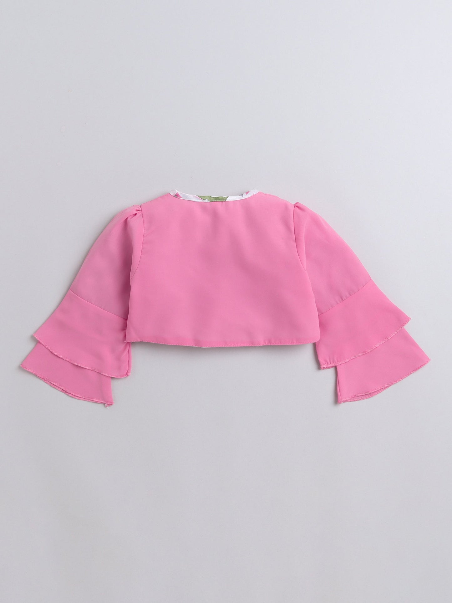 Geometric Printed Tiered Dress With Full Sleeves Flower Applique Detailed Shrug - Pink