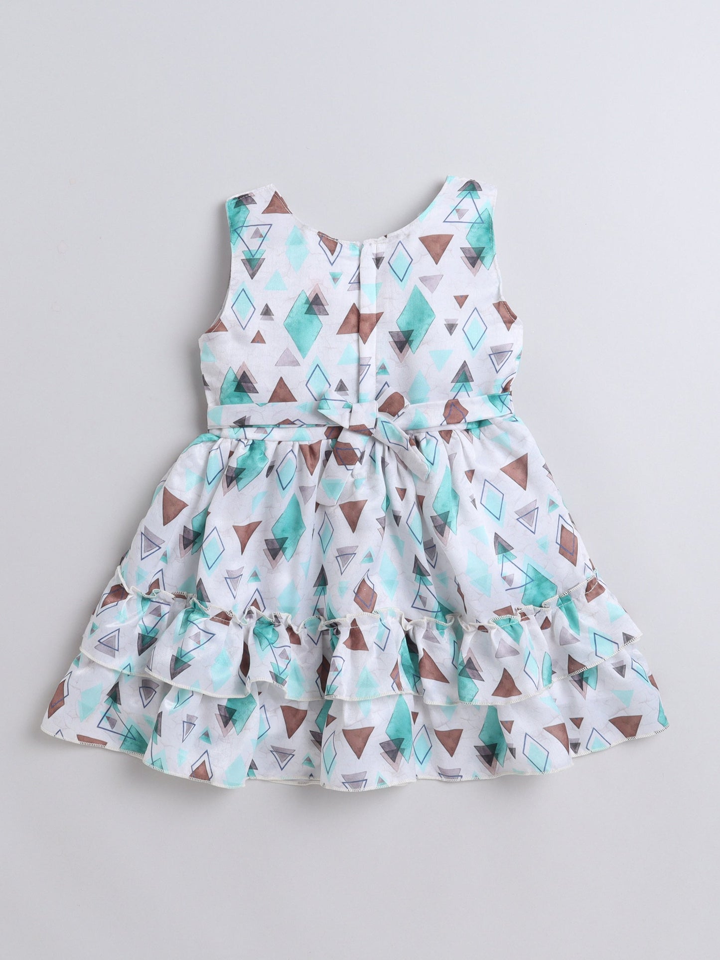 Geometric Printed Tiered Dress With Full Sleeves Flower Applique Detailed Shrug - Aqua Blue