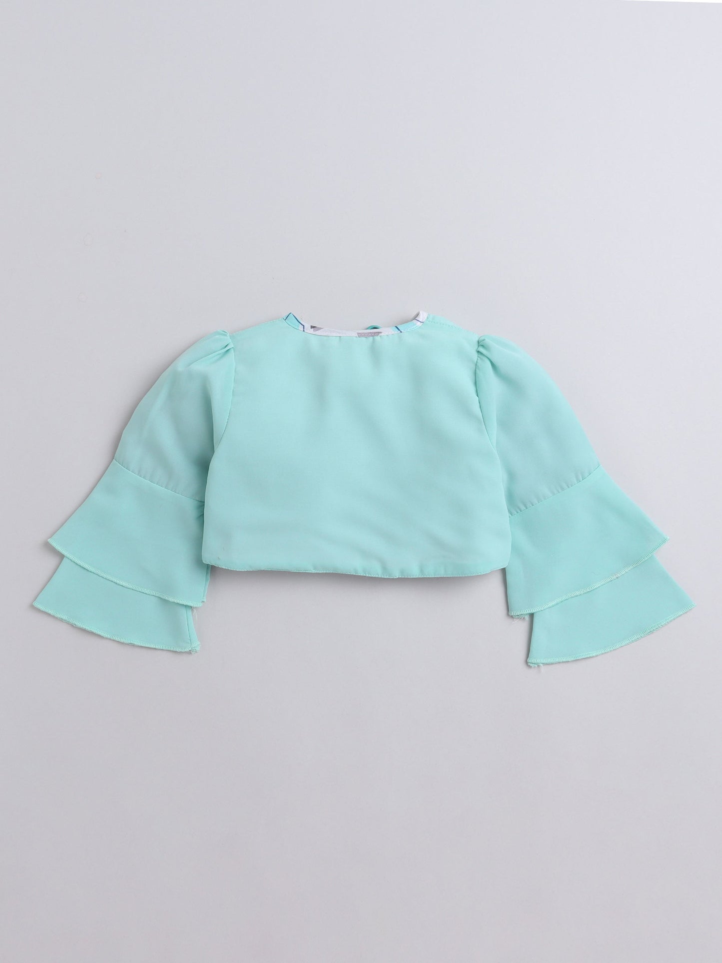 Geometric Printed Tiered Dress With Full Sleeves Flower Applique Detailed Shrug - Aqua Blue