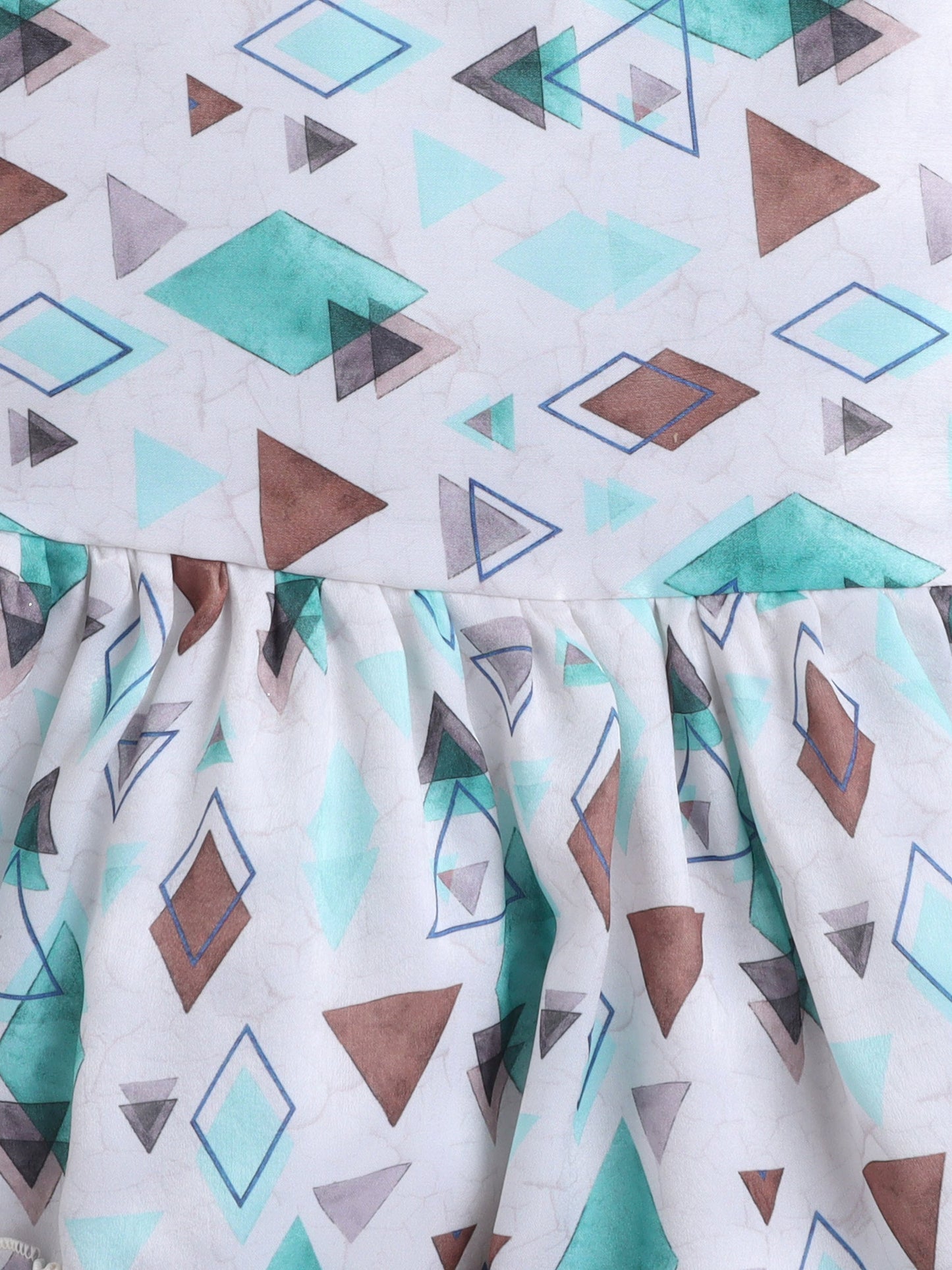 Geometric Printed Tiered Dress With Full Sleeves Flower Applique Detailed Shrug - Aqua Blue