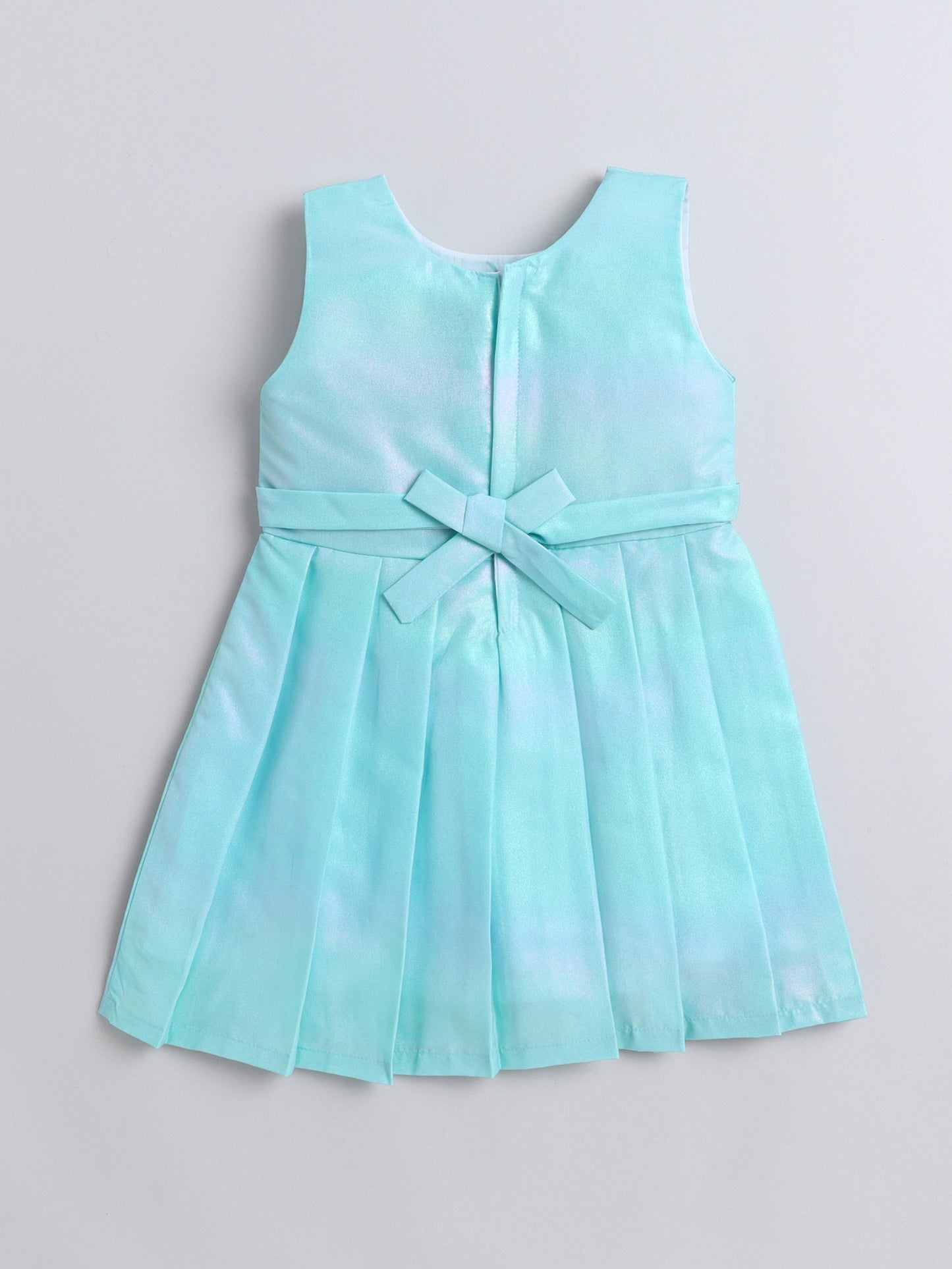 Sleeveless Solid Fit & Flare Dress With Full Sleeves Checks Printed Shrug With Applique For Girls-Aqua