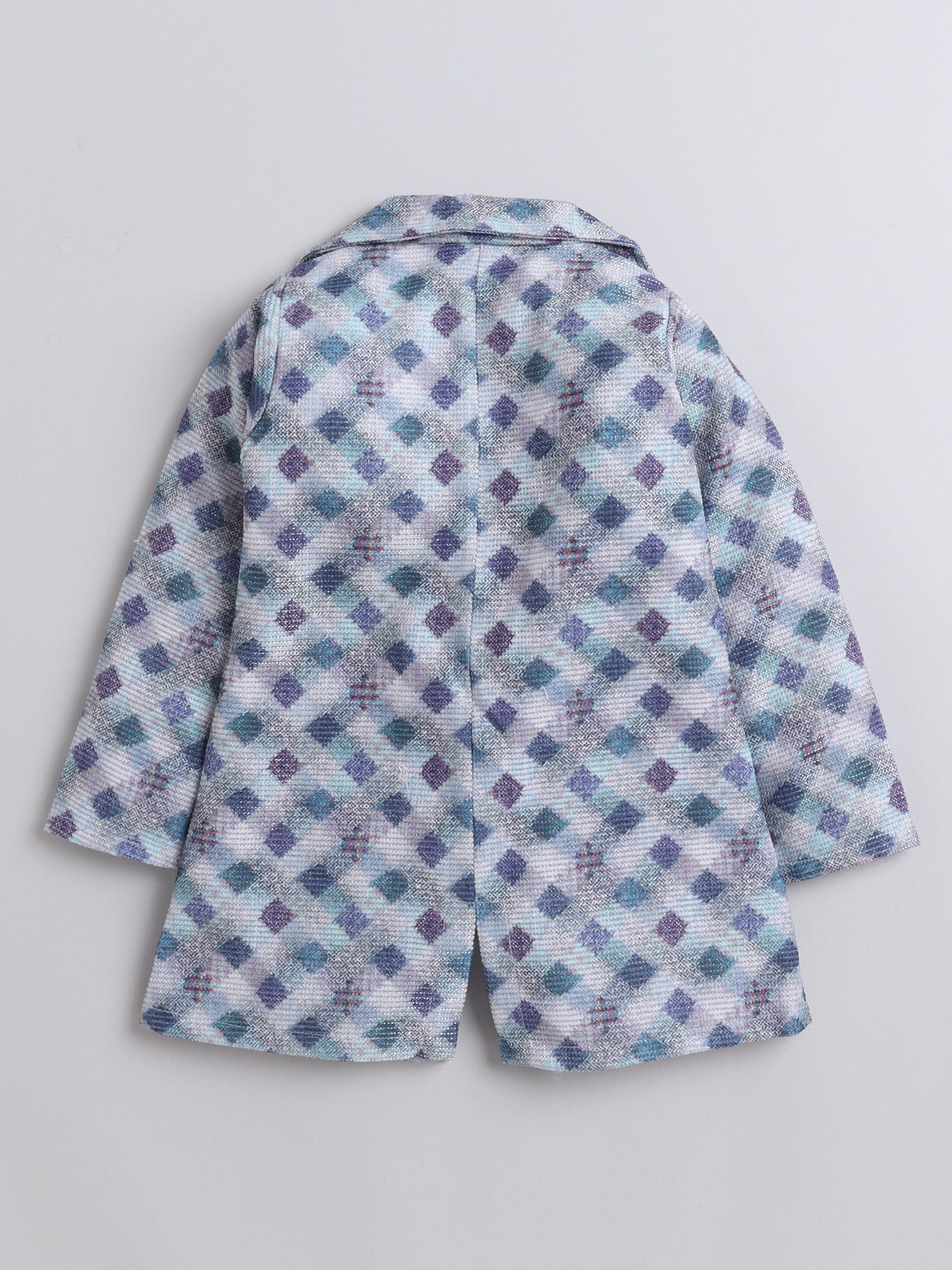 Sleeveless Solid Fit & Flare Dress With Full Sleeves Checks Printed Shrug With Applique For Girls-Aqua