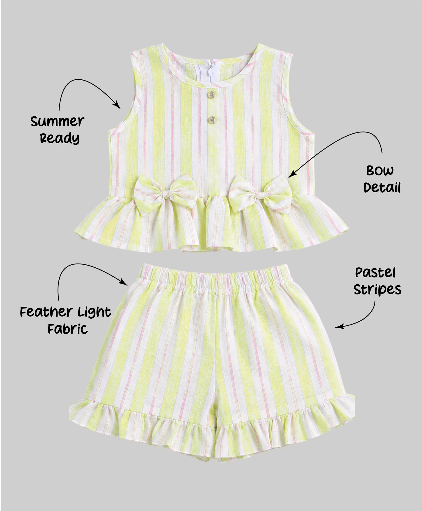 The Magic Wand Woven Sleeveless Stripes Ruffle Hem Top With Bow Detail And Shorts Set -Yellow