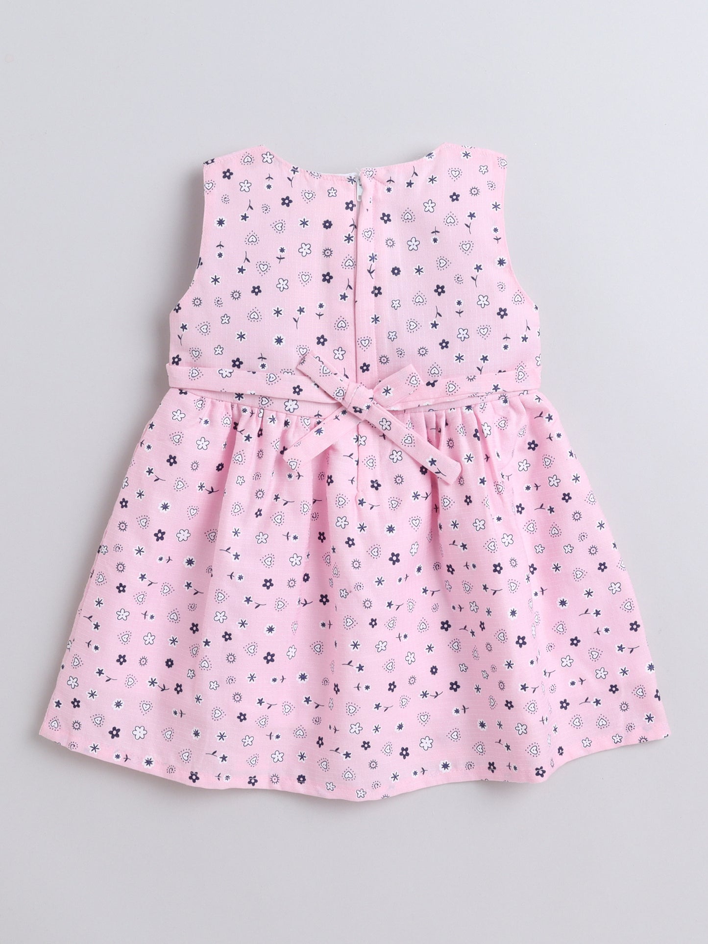 Floral Printed Sleeveless Bow Embelished Dress For Girls- Pink