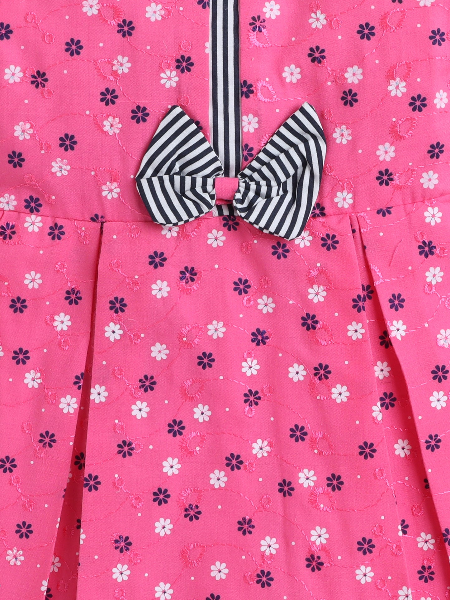 Floral Printed Cap Sleeve Bow Embelished Dress For Girls - Pink