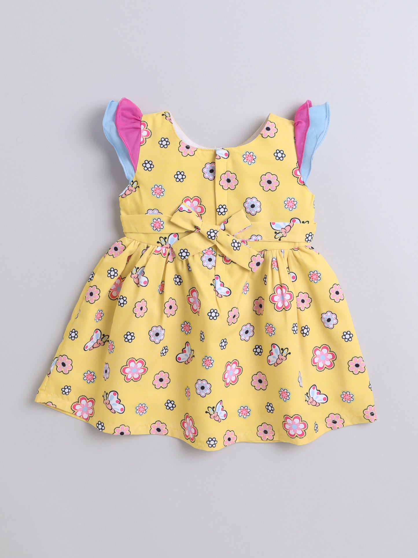 Floral Printed Teddy Print Cap Sleeves Dress For Girls- Yellow