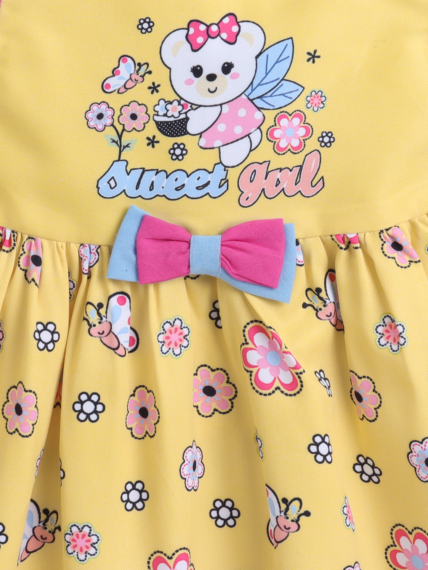 Floral Printed Teddy Print Cap Sleeves Dress For Girls- Yellow