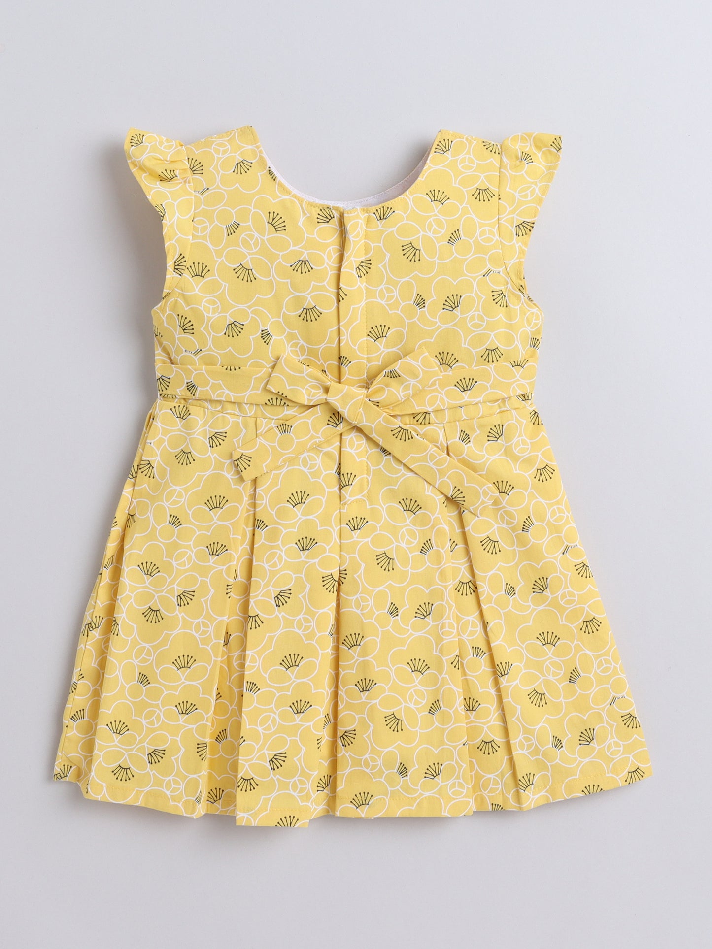 Floral Printed Cap Sleeves Bow Embelished Dress For Girls - Yellow