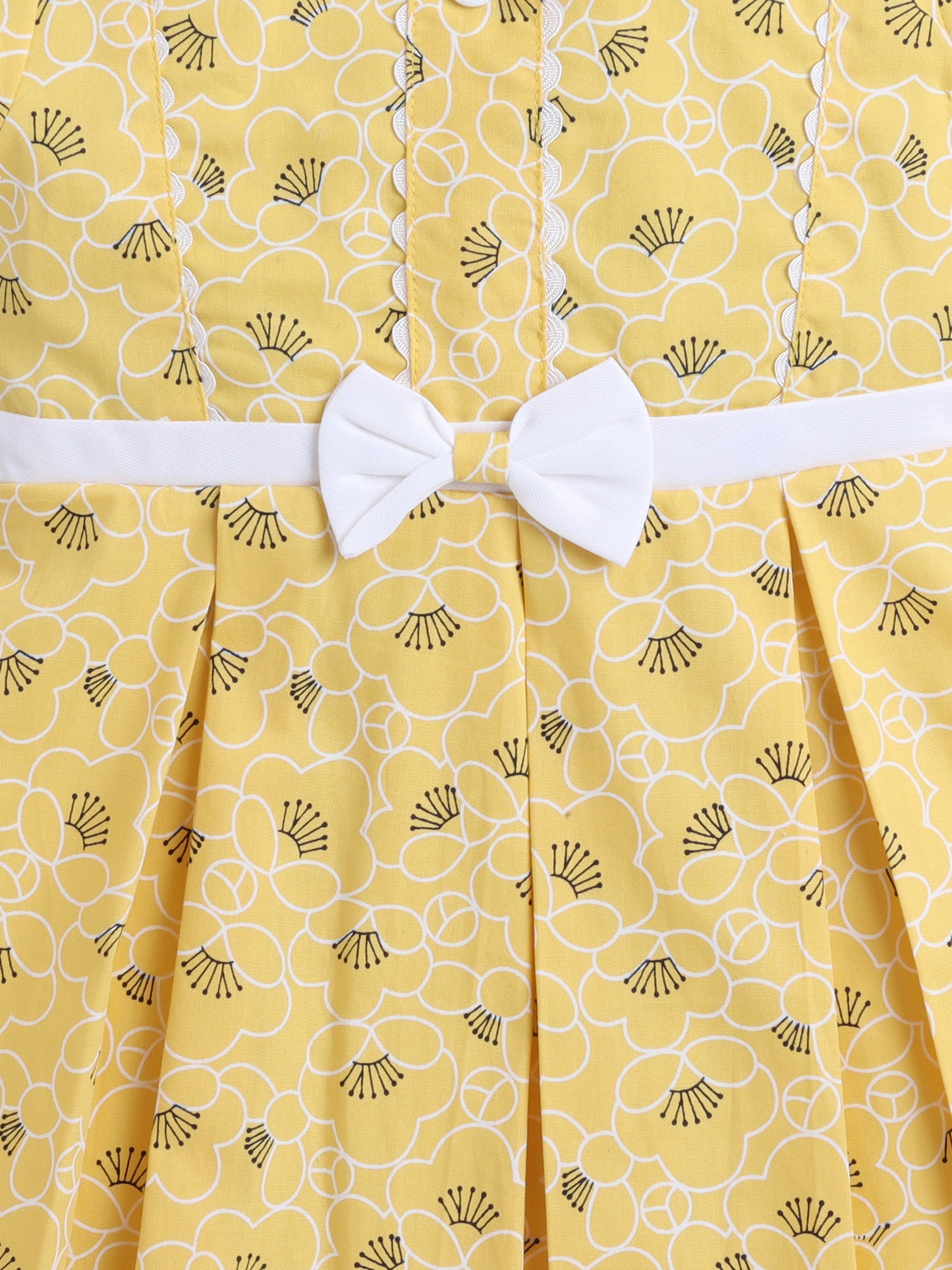 Floral Printed Cap Sleeves Bow Embelished Dress For Girls - Yellow