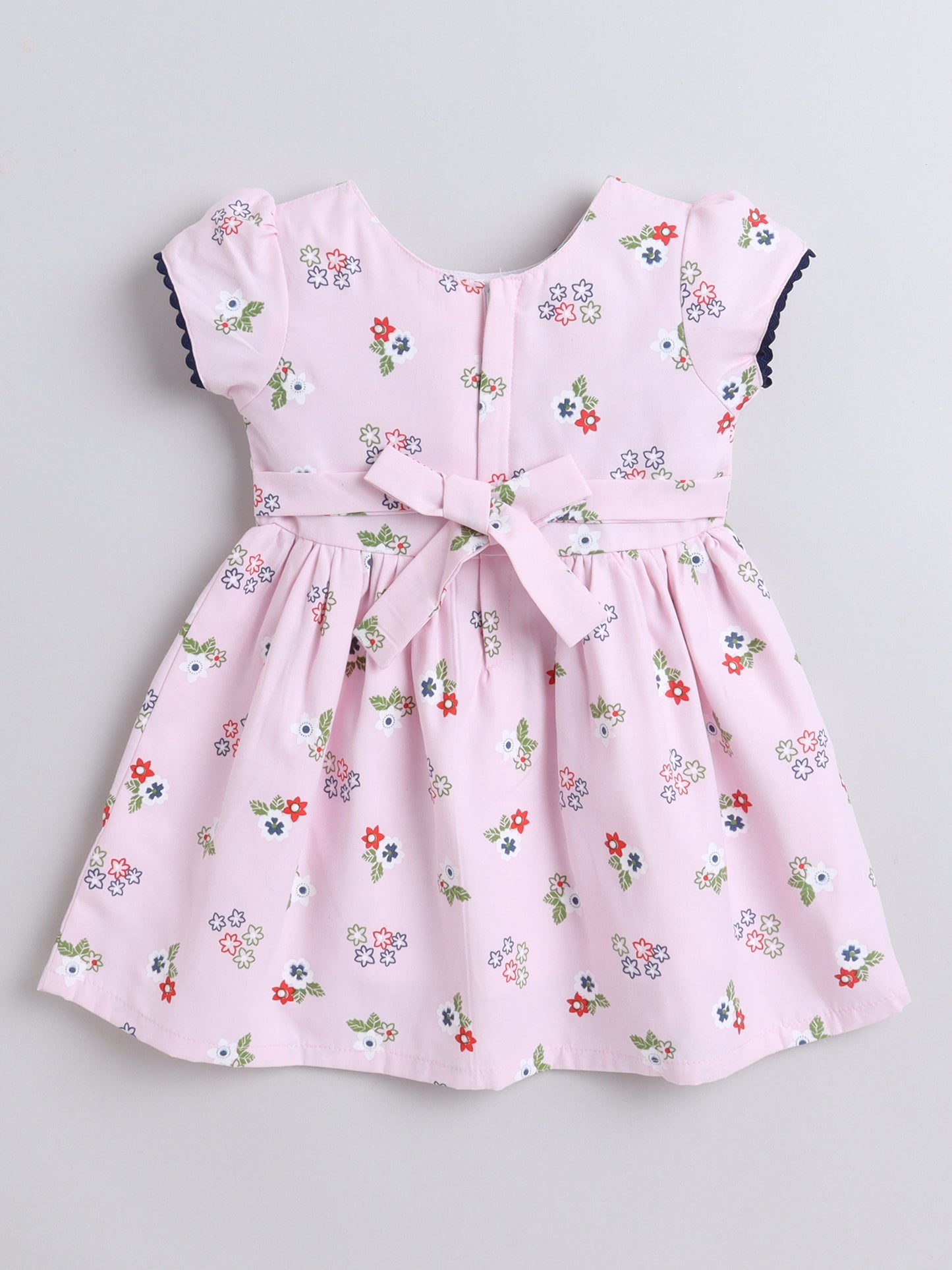 Floral Printed Cap Sleeves Bow Embelished Dress For Girls - Pink