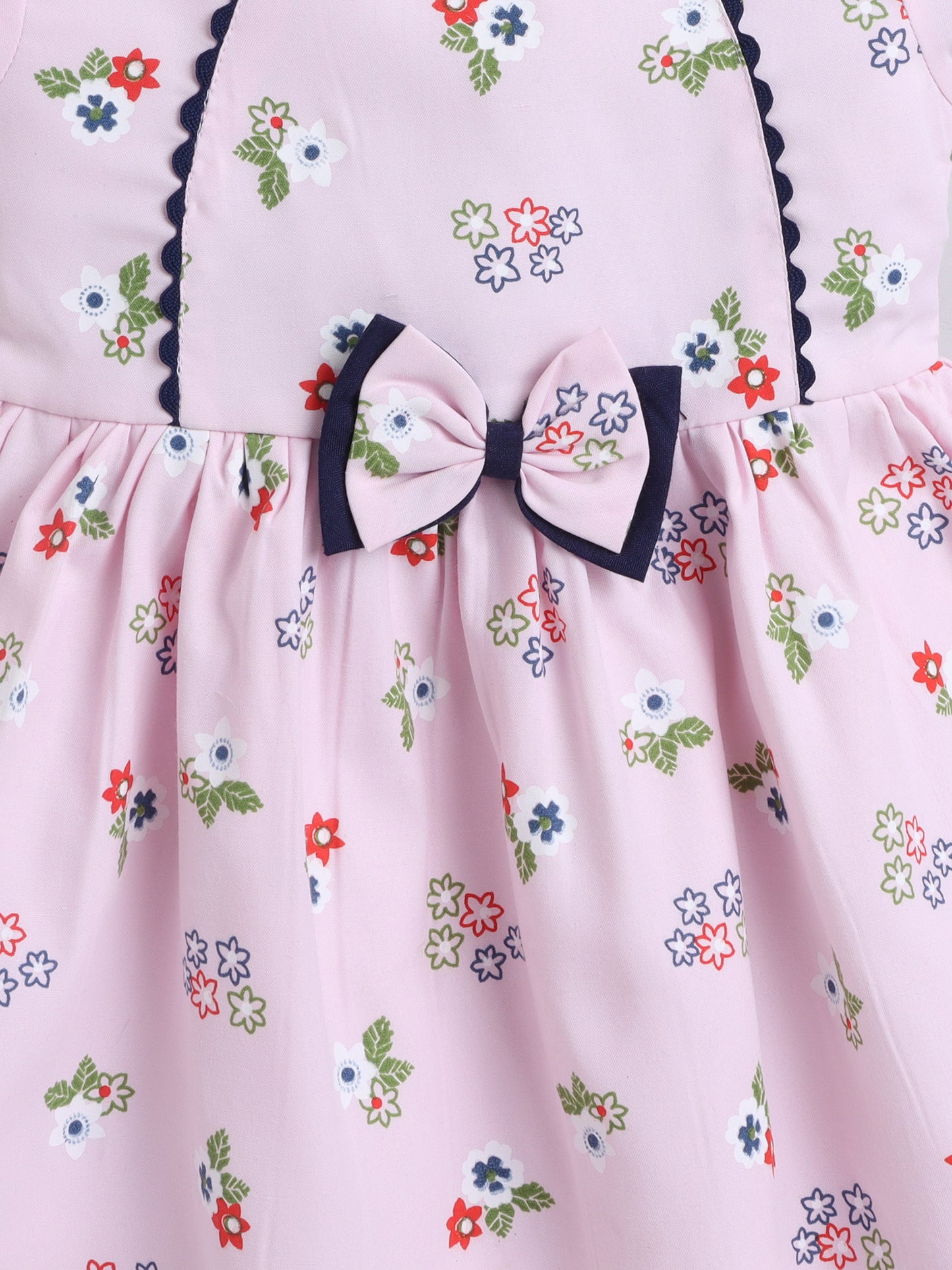 Floral Printed Cap Sleeves Bow Embelished Dress For Girls - Pink