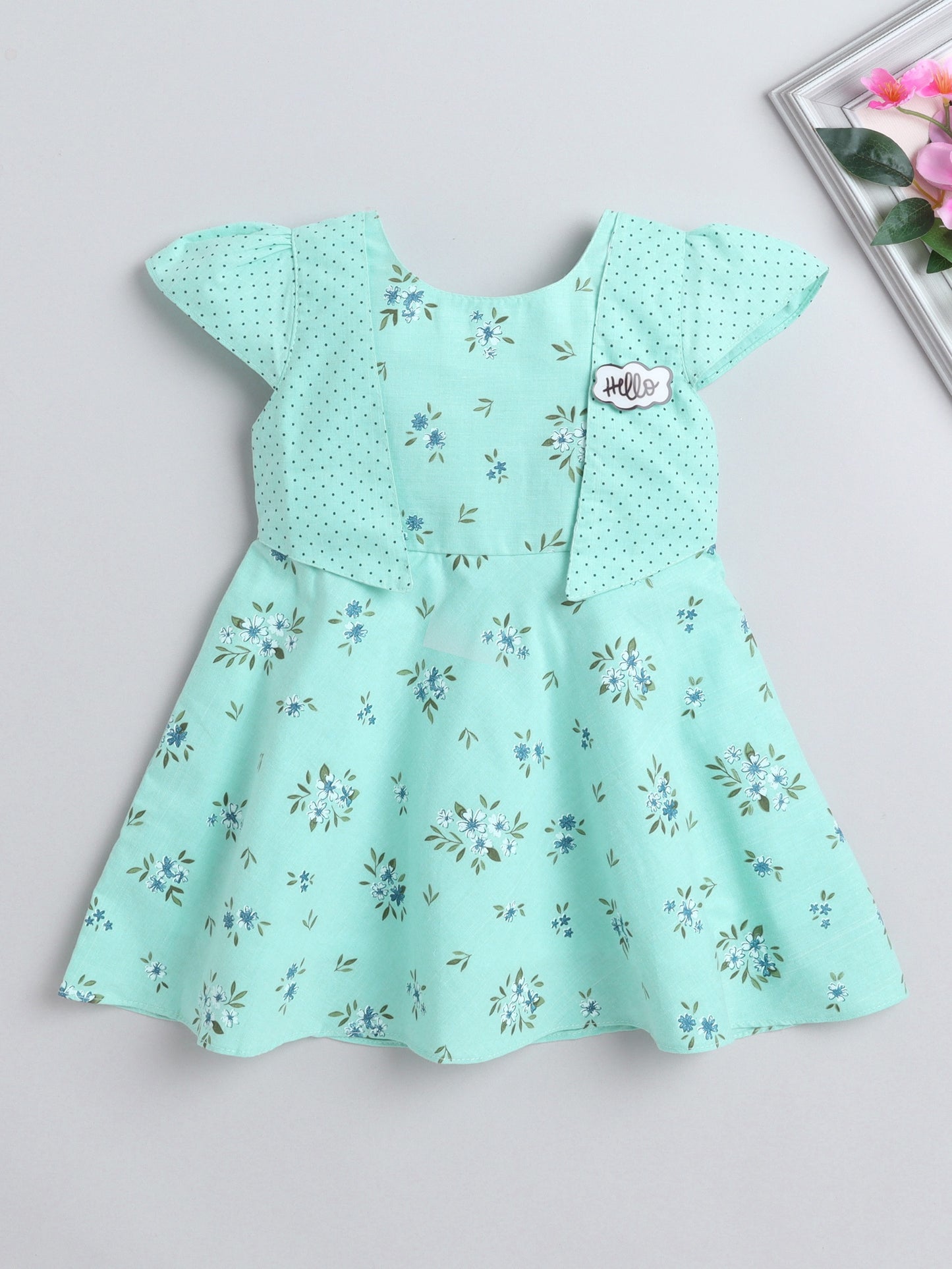 Floral with Shrug Sleeves Dress For Girls- Blue